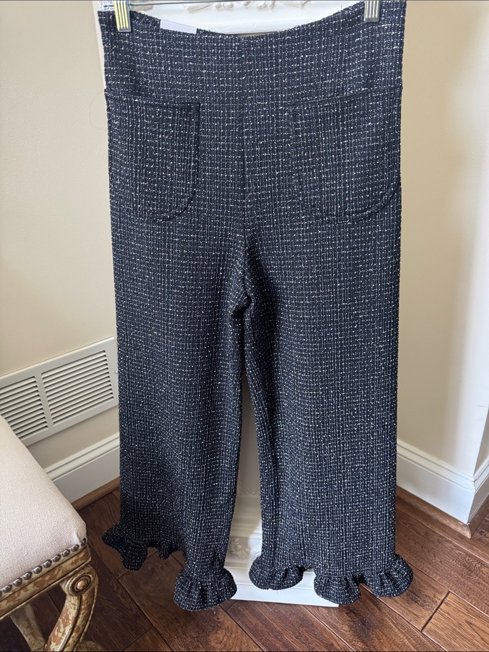 Maeve Black Tweed Ruffle-Hem Knit Pants Anthropologie